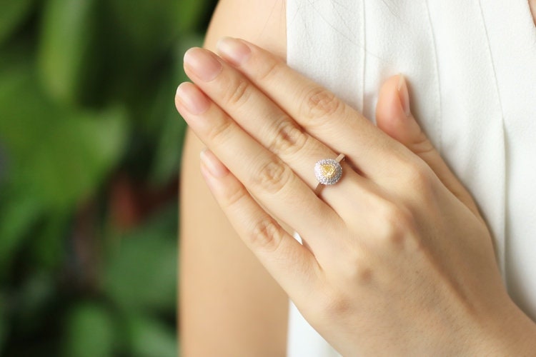 Fancy Yellow Diamonds Double Halo Teardrop Ring - 18K Yellow Gold