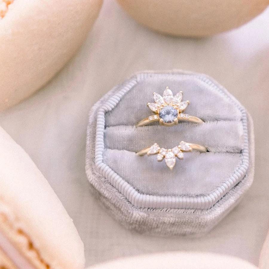Curved Marquise Cut Diamond Ring - 14K Gold Chevron Band