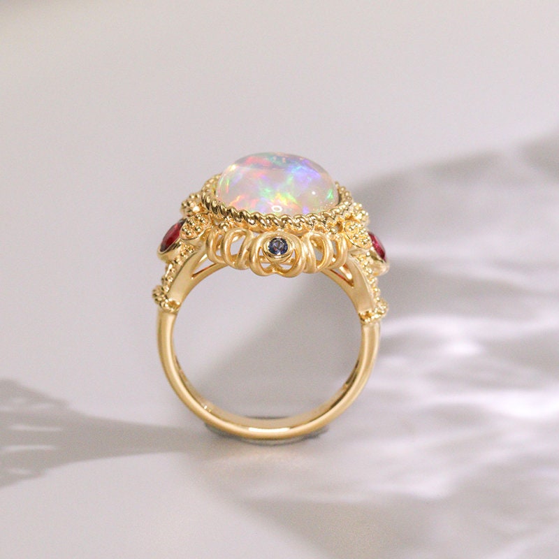 Opal Ruby 18K Gold Vintage Ring with Sapphire