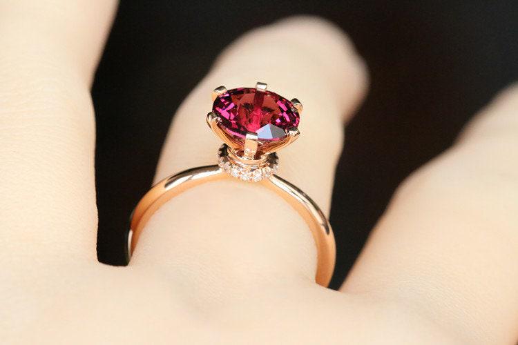 Peach Red Garnet Round Engagement Ring -  18K Yellow Gold