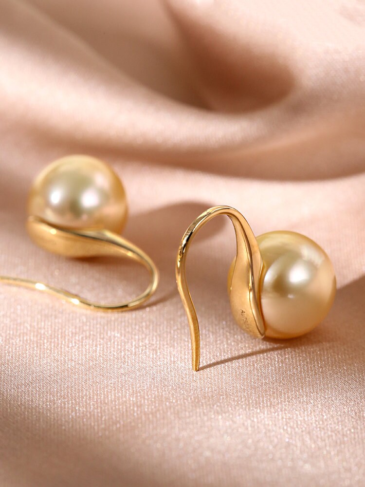 10-12mm South Sea Golden Pearl 18K Gold Hook Earrings