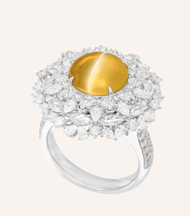 2 Style + Chrysoberyl Cat's Eye Gemstone & Cluster Diamond Ring in Platinum 950