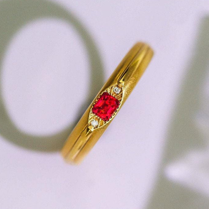 Red Spinel Cushion with Diamond Ring - 18K Yellow Gold