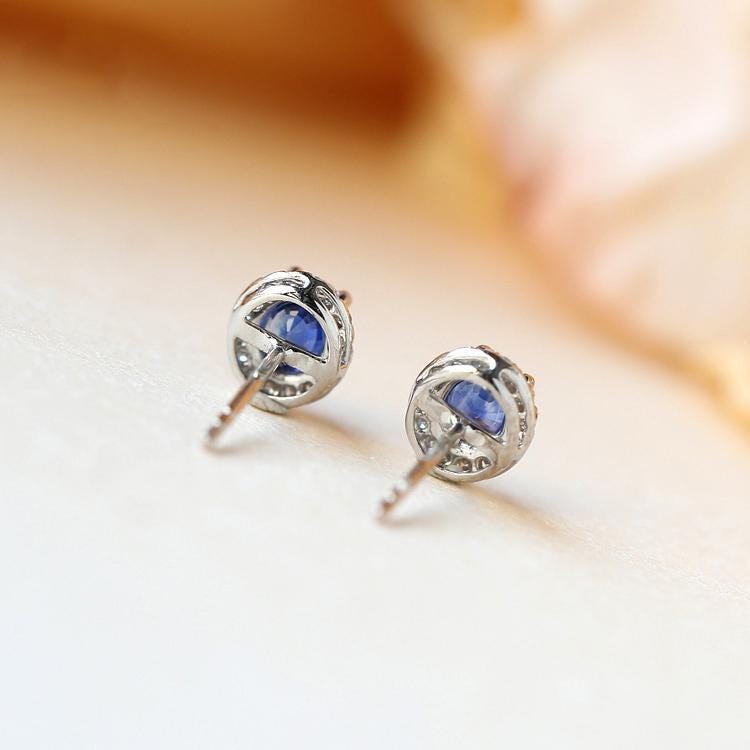 Blue Sapphire & Halo Diamonds Stud Earrings - 18K White Gold