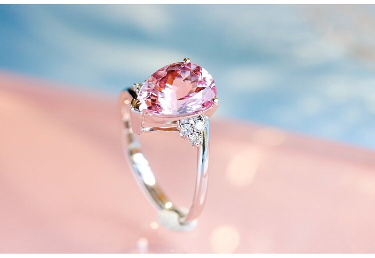 Pink Morganite Teardrop Shape Ring in 18K White Gold