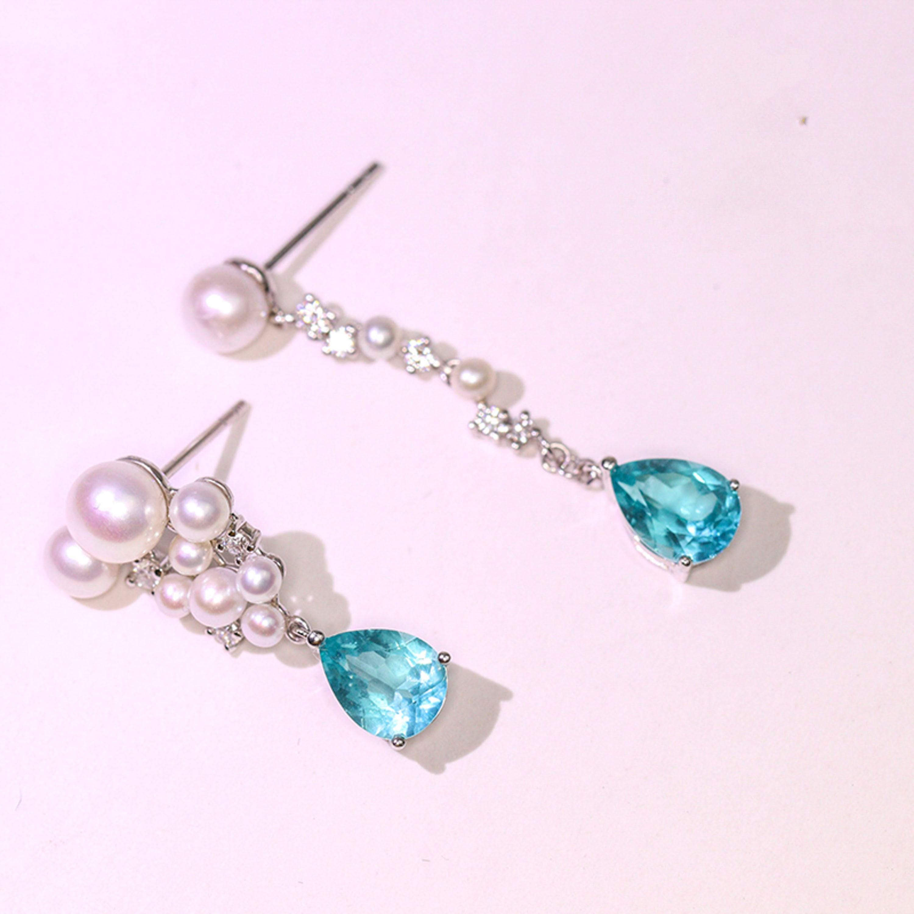 Paraiba Tourmaline  Pearl Earrings - 18K White Gold Fine Jewelry Gift