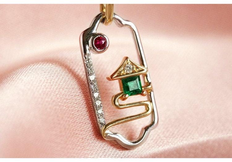 Emerald & Ruby Diamond Necklace in 18K Gold
