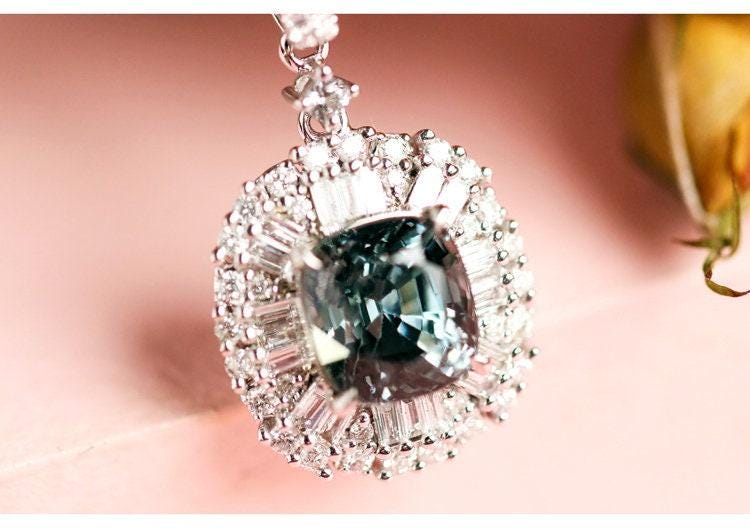 Blue Grey Spinel & Diamond Art Deco Necklace in 18K White Gold