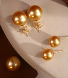 10-15mm Lustrous South Sea Golden Pearl Studs in 18K Gold