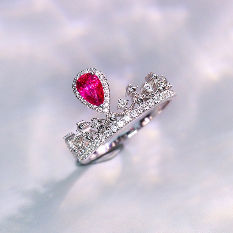 Pear-Shaped Ruby & Diamond Engagement Ring in 18K White Gold