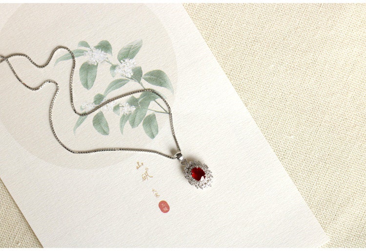 Vivid Red Ruby Oval & Diamonds Necklace in 18K White Gold