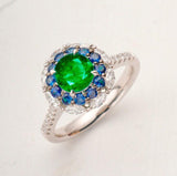 Emerald & Sapphire Halo Set Diamond Ring in 18K White Gold