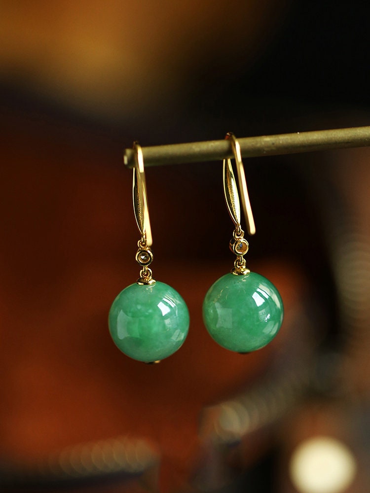 5A+ Jade Sphere Cut & Diamond Franch Wire Earrings in 18K Yellow Gold