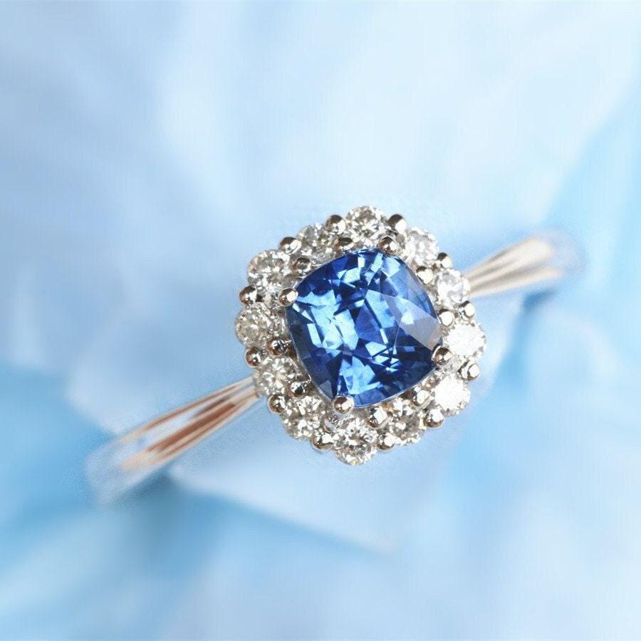 1.63ct Cushion Blue Sapphire & Halo Diamond Ring in 18K White Gold