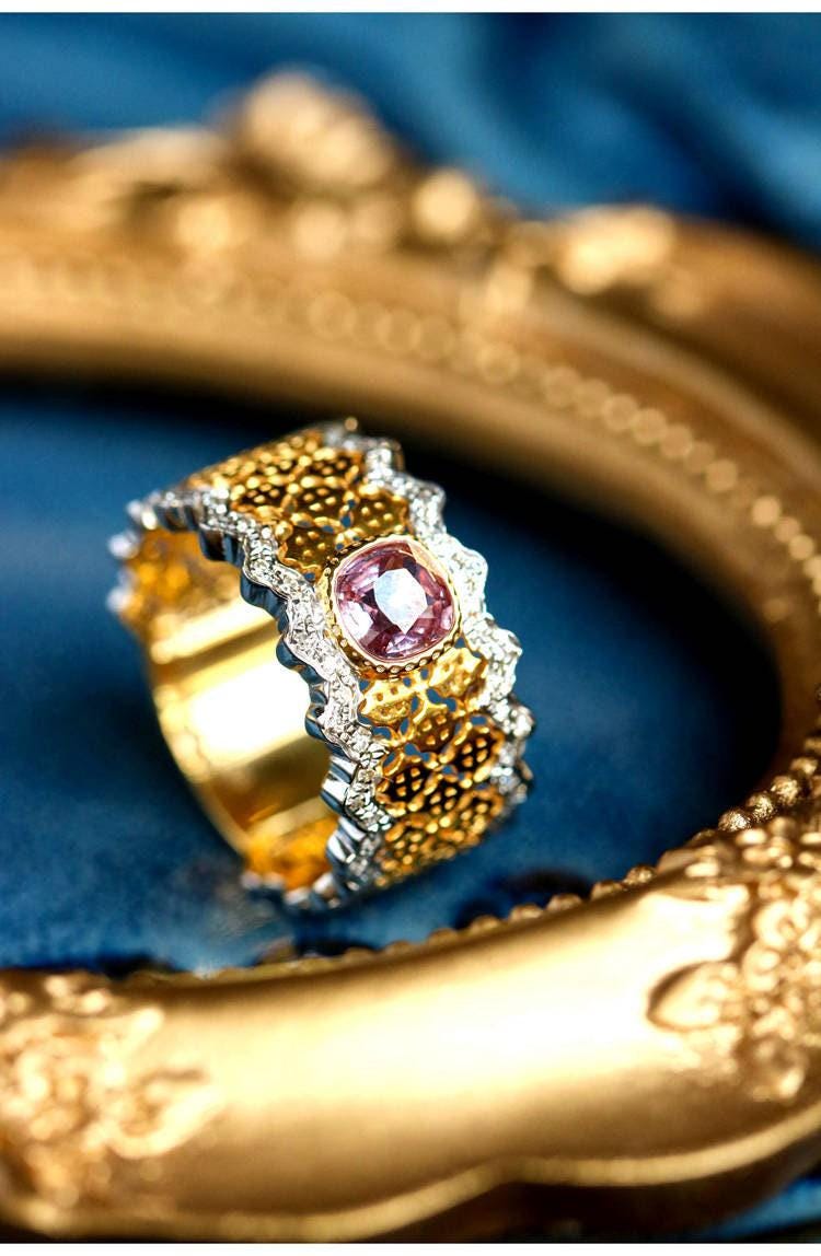 Pink Sapphire & Diamonds Honeycomb Ring - 18K Two Tone Gold