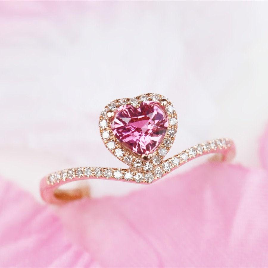Pink Tourmaline Heart Chevron Stackable Ring - 18K Yellow Gold