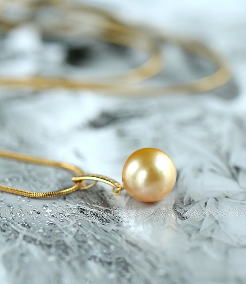 12mm Golden South Sea Pearl Necklace with Diamond in 18K Gold