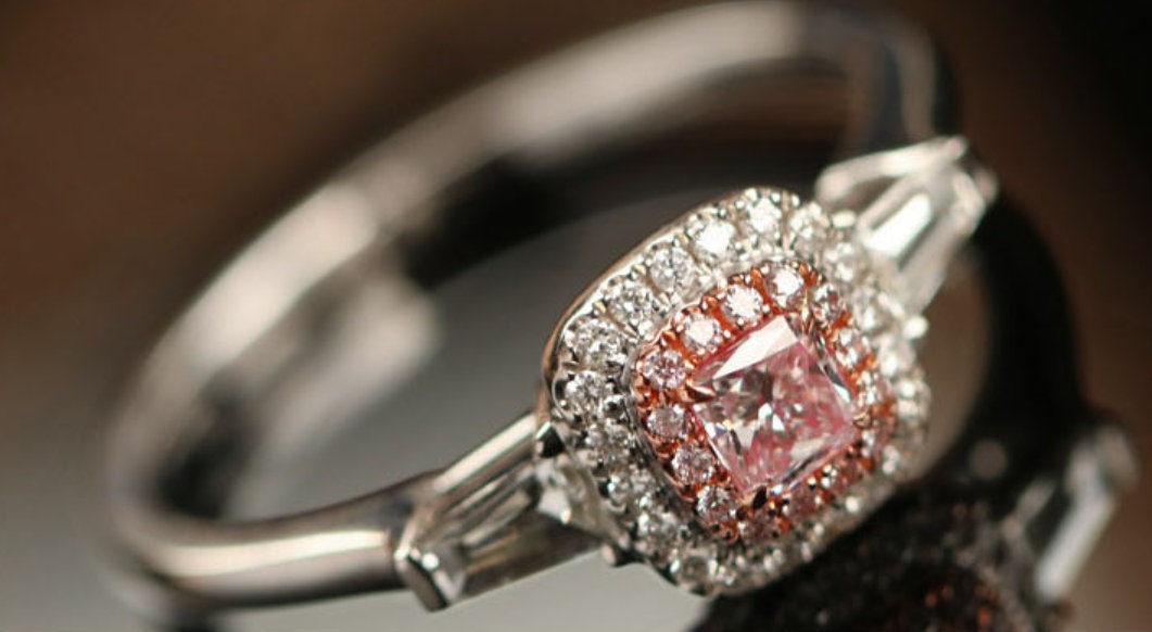 Pink Diamond Cushion Cut Wedding Ring - 18K White Gold
