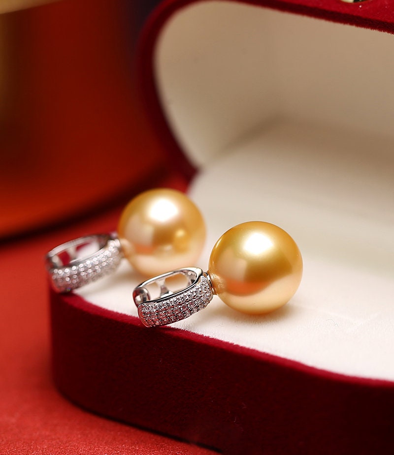 12mm Golden South Sea Pearl & Diamond Earrings - 18K Yellow Gold