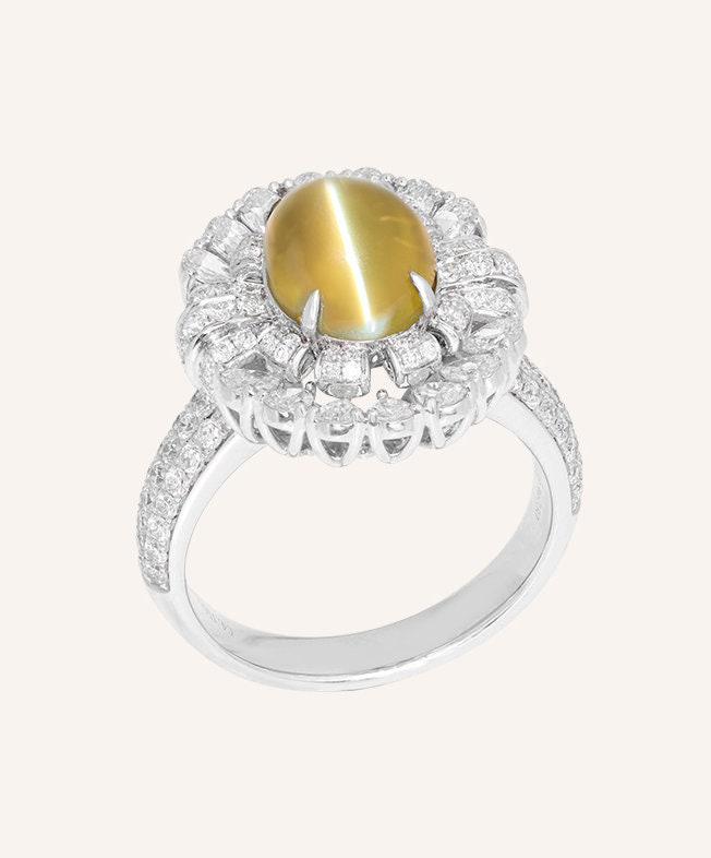 2 Style + Chrysoberyl Cat's Eye Gemstone & Cluster Diamond Ring in Platinum 950