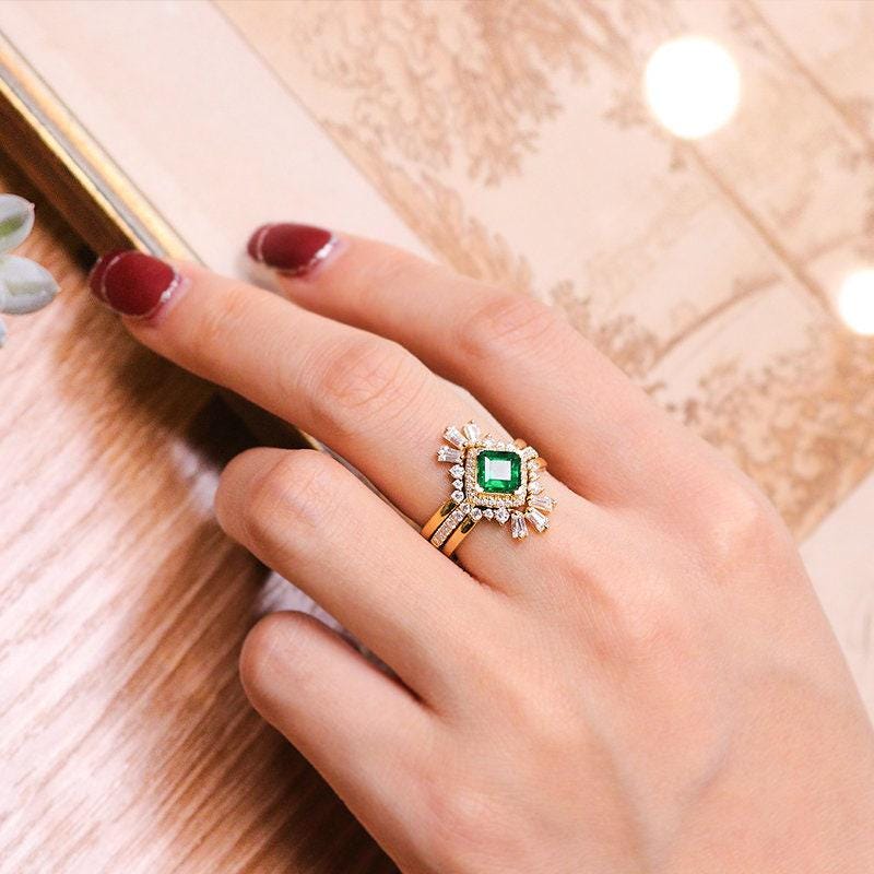 Emerald Square Cut 18K Ring, 18K Yellow Gold Emerald Ring, Ballerina Stackable Ring, Wedding Ring