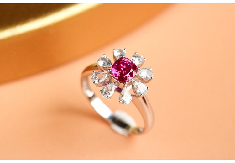 Flower Pink Spinel & White Sapphire Ring - 18K White Gold