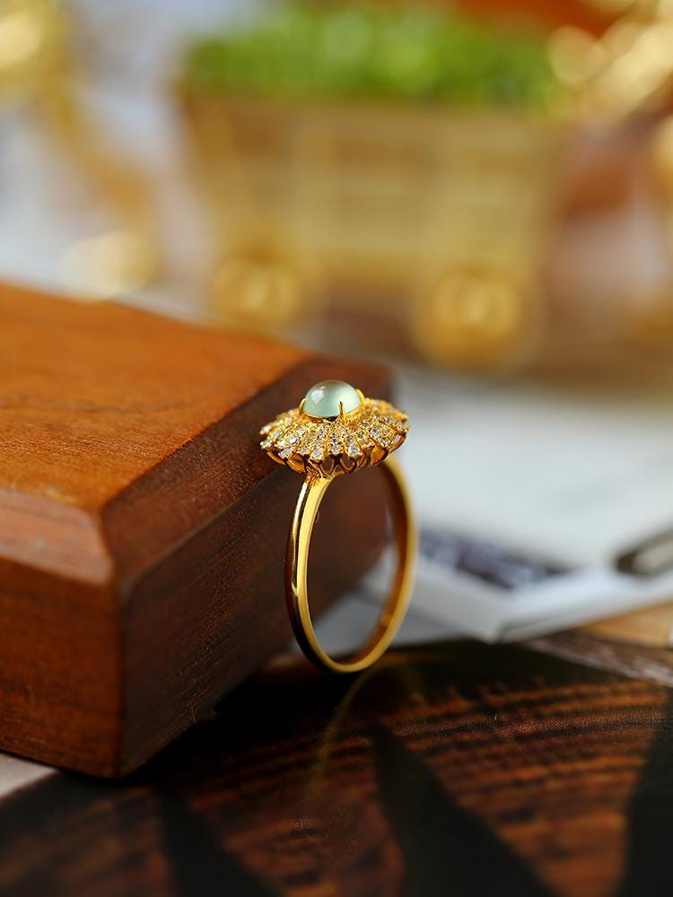 Superior Icy Jade Cabochon & Cluster Diamond 18K Gold Ring
