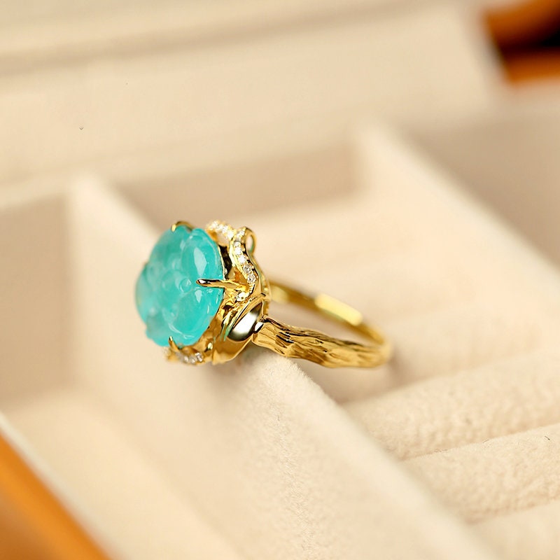 5A Amazonyte Rose Shape 18K Yellow Gold Ring