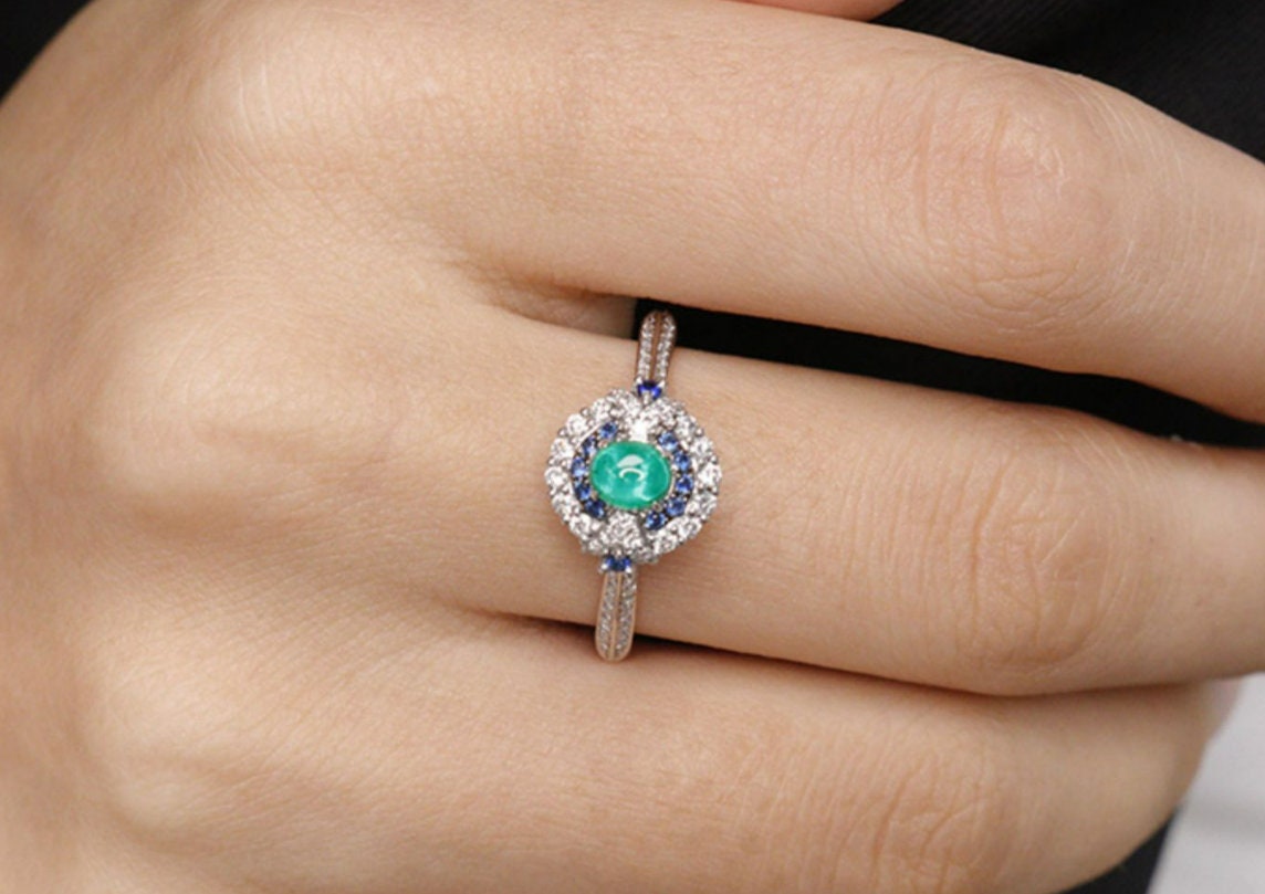 Art Deco Emerald & Sapphire Diamond Jewelry Set - 18K White Gold