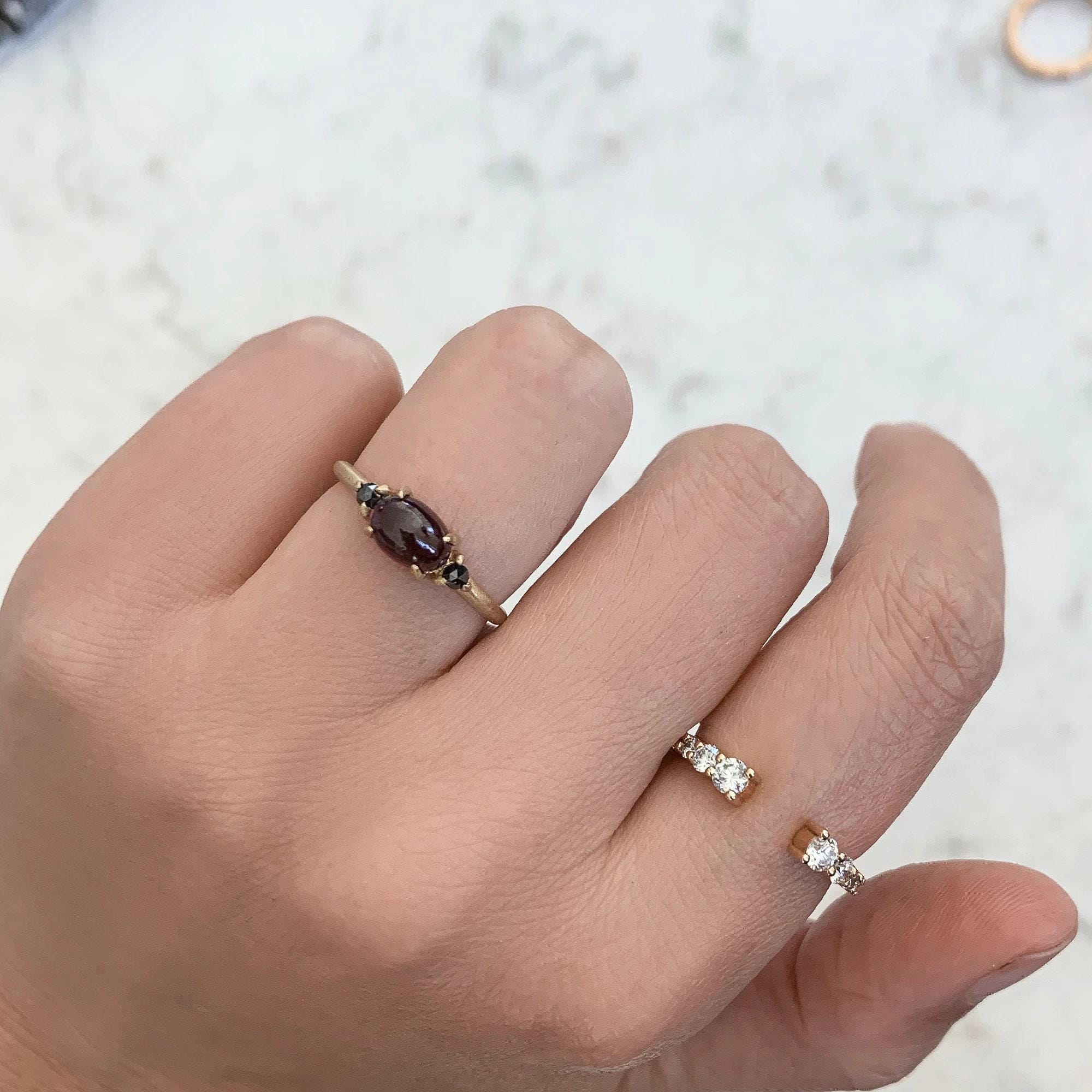 Raspberry Garnet & Black Diamond Ring - 18K Yellow Gold