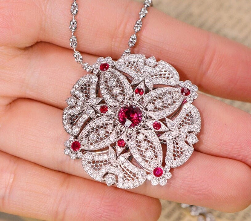 1.01ct Ruby Diamonds Pendant Ring in 18K White Gold