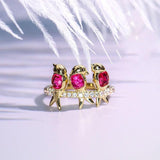 Three Bird Peach Red Spinel Cushion Ring in 18K Yellow Gold
