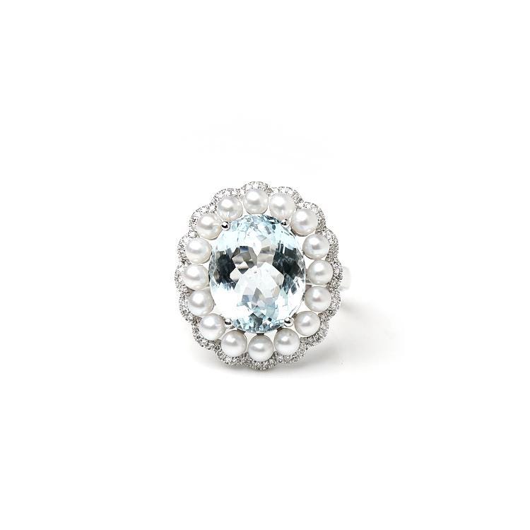 5.7ct Santa Maria Aquamarine & Akoya Pearl Halo Ring in 18K Gold