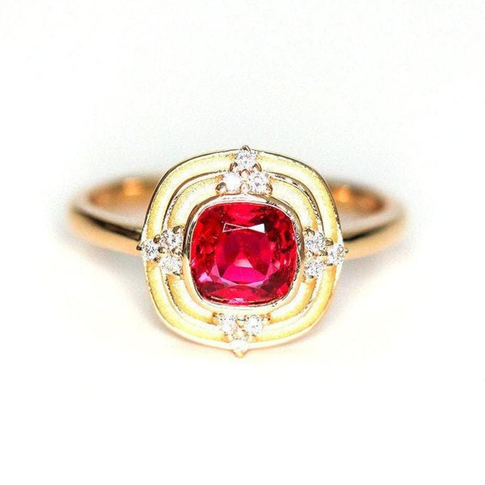 1ct Red Spinel Cushion & Diamond Ring - 18K Yellow Gold