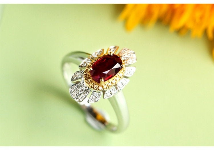 Vivid Red Ruby Oval & Diamond Ring - 18K Two Tone Gold