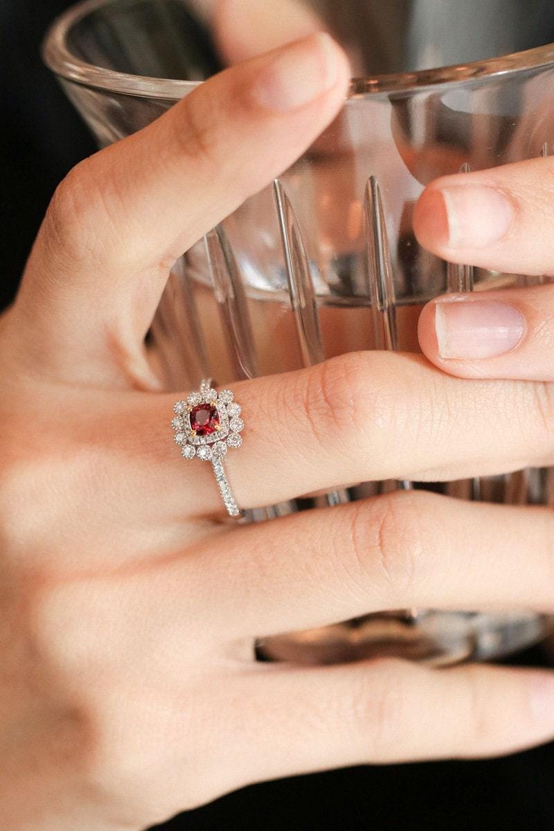 Double Halo Pinkish Spinel 18K Wedding Ring with Diamond