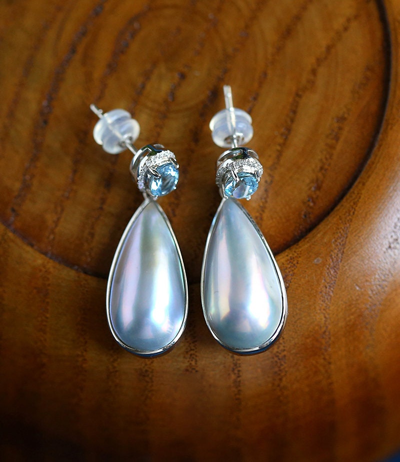 Mabe Pearls Teardrop & Aquamarine Earrings - 18K Yellow Gold