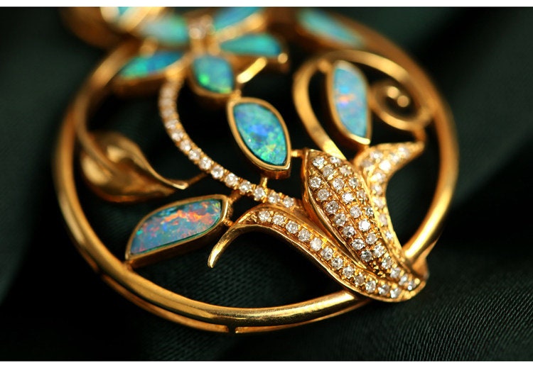 Blue Opal and Diamond Flower Necklace - 18K Yellow Gold