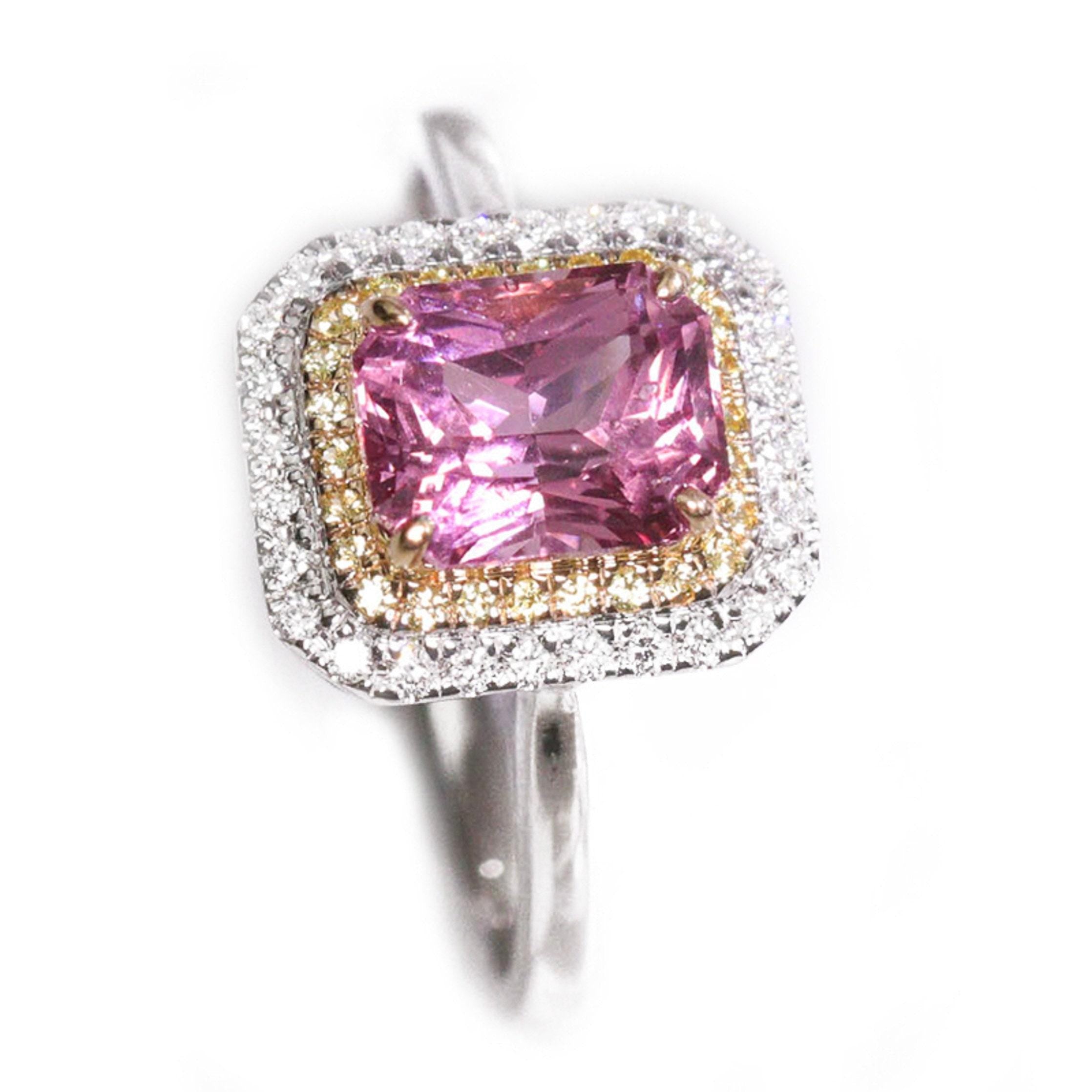1.7ct Pink Spinel Cushion Ring with Diamonds in 18K Two Tone Gold