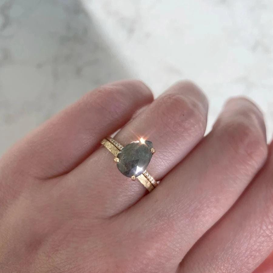 2ct Pear Rose Cut Grey 18K Yellow Gold Wedding Ring