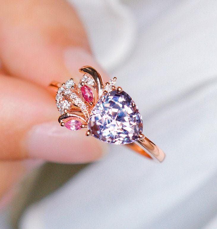1.5ct Purple Spinel Trillion Ring wtih Diamonds in 18K Rose Gold