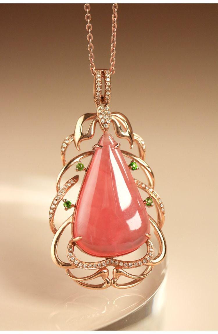 20.5ct Rhodochrosite Teardrop-Shape & Diamond Necklace in 18K Gold