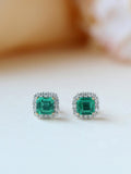 Emerald Studs Halo Diamonds Earrings in Platinum 950