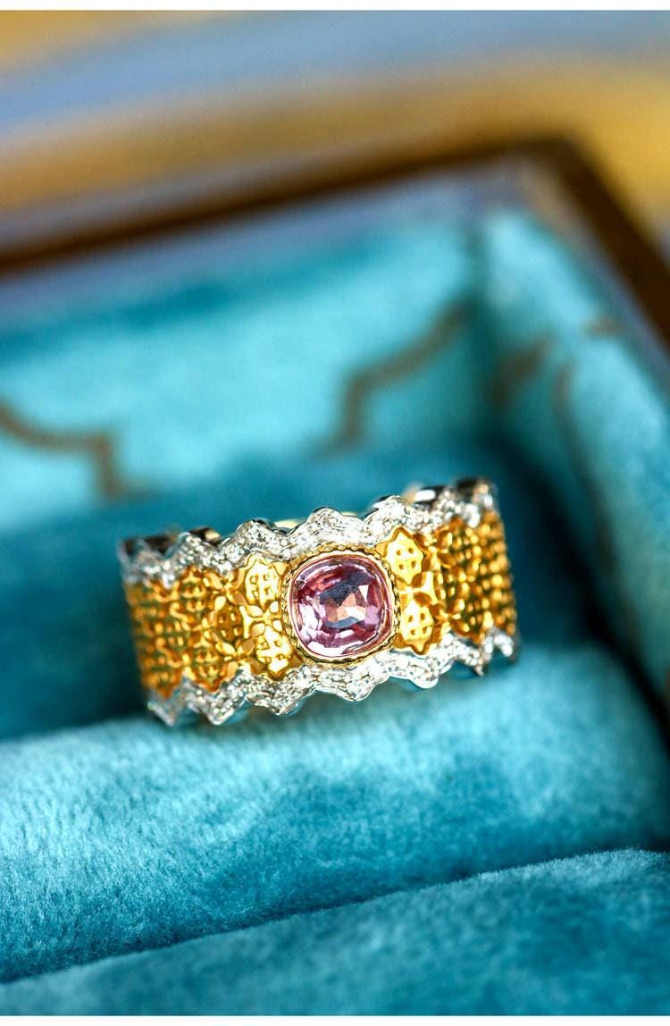 Pink Sapphire & Diamonds Honeycomb Ring - 18K Two Tone Gold