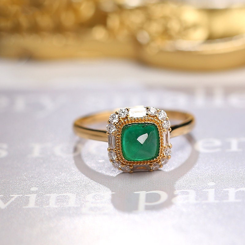 Sugarloaf Emerald Halo Diamond 18K Yellow Gold Ring