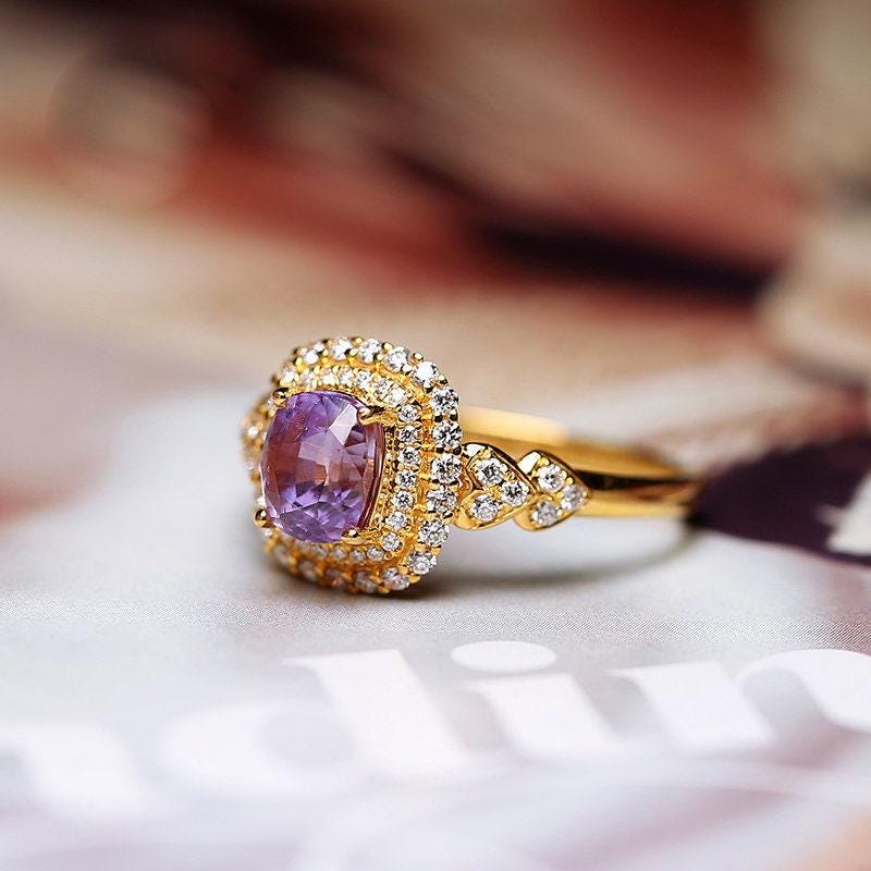 1.17ct Purple Violet Spinel Cushion Ring with Diamond in 18K Gold