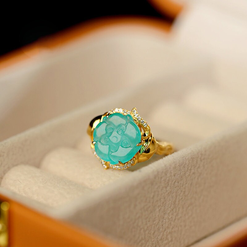 5A Amazonyte Rose Shape 18K Yellow Gold Ring