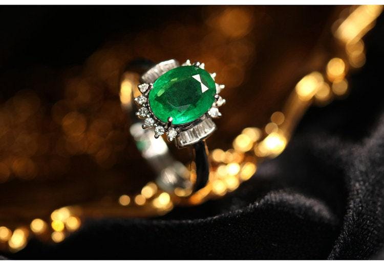 1ct Emerald Oval Cut & Diamond Ring in 18K White Gold