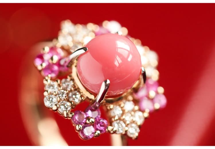 7mm Pink Coral Sphere & Diamond Ring in 18K Yellow Gold