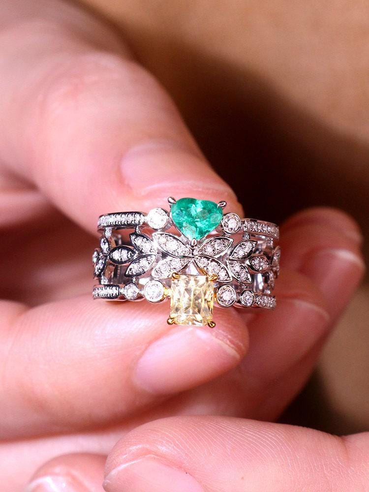 Emerald & Yellow Sapphire 18K White Gold Stacking Ring with Diamonds